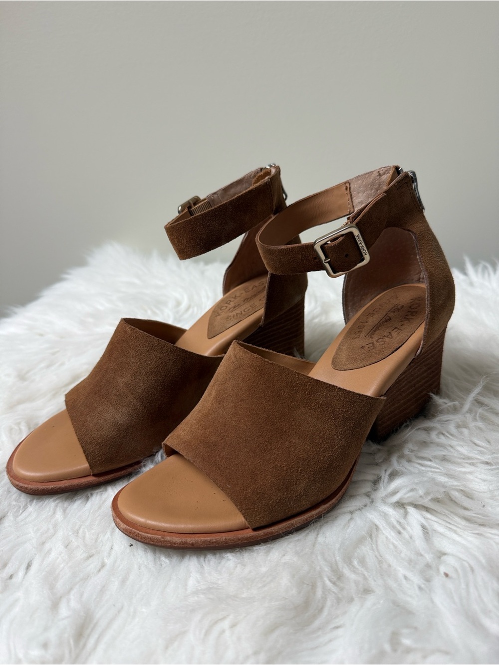 Kork-Ease Gazania Brown Suede Ankle Strap Block Heel Sandals - Size 6